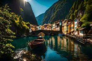 a boat is docked in the water next to a mountain village. AI-Generated photo