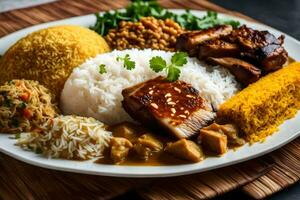 el comida es servido en un plato con arroz, carne, arroz y vegetales. generado por ai foto