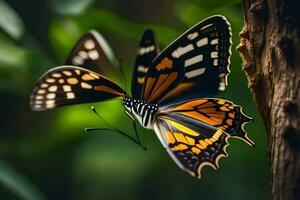 un mariposa es sentado en un rama con un verde antecedentes. generado por ai foto