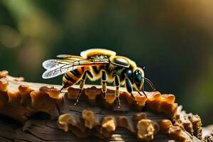 a bee is sitting on top of a piece of wood. AI-Generated photo