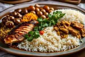 un plato de arroz, pollo, y vegetales con un adornar de perejil. generado por ai foto