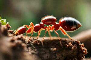 an ant is walking on a branch. AI-Generated photo