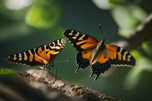 dos mariposas son sentado en un rama juntos. generado por ai foto