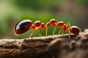 a group of ants walking on a log. AI-Generated photo