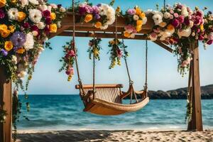 a swing on the beach with flowers. AI-Generated photo