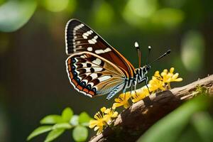 un mariposa es sentado en un rama con amarillo flores generado por ai foto