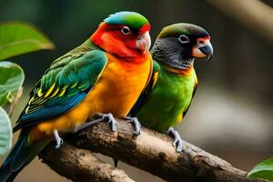 two colorful birds sitting on a branch. AI-Generated photo