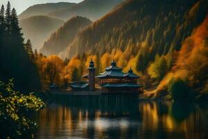 a pagoda sits on the shore of a lake surrounded by trees. AI-Generated photo