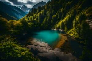 un lago rodeado por arboles y montañas. generado por ai foto