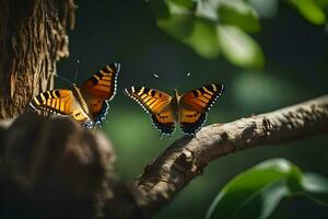 dos mariposas son sentado en un rama. generado por ai foto