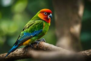 a colorful bird sits on a branch. AI-Generated photo