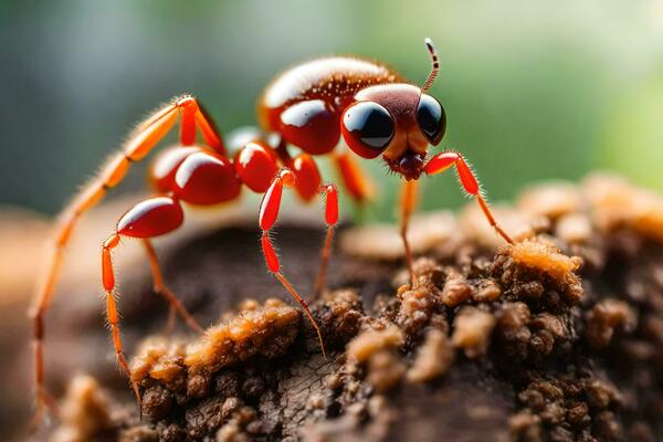 a red ant is standing on top of a piece of wood. AI-Generated