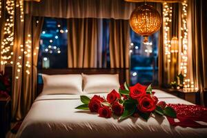 a bed with red roses and a lamp. AI-Generated photo