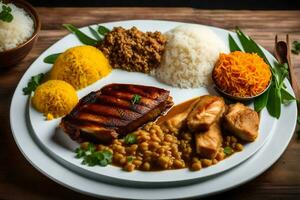 un plato de comida con arroz, frijoles, y carne. generado por ai foto