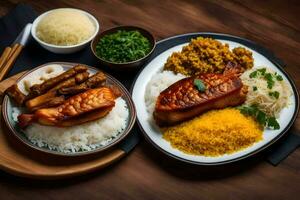 dos platos con arroz, carne y vegetales. generado por ai foto