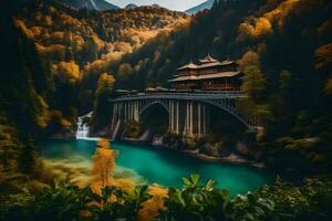 a bridge over a river in the mountains. AI-Generated photo