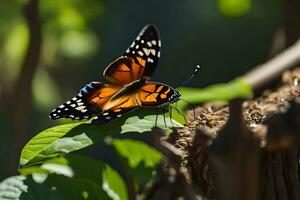 a butterfly is sitting on a branch in the sun. AI-Generated photo