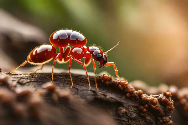 a red ant is standing on a log. AI-Generated