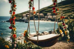 a swing hanging from a rope with flowers and a beach. AI-Generated photo