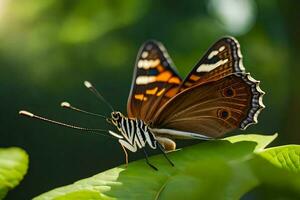 a butterfly is sitting on a green leaf. AI-Generated photo