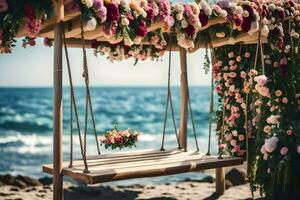 a beach wedding with a swing. AI-Generated photo
