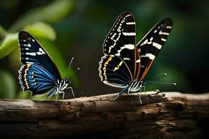 dos mariposas son sentado en un rama. generado por ai foto