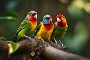 three colorful birds sitting on a branch. AI-Generated photo