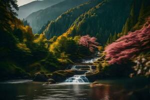 a waterfall in the middle of a forest with pink trees. AI-Generated photo