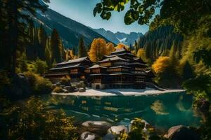 a beautiful japanese style house sits on the edge of a lake. AI-Generated photo