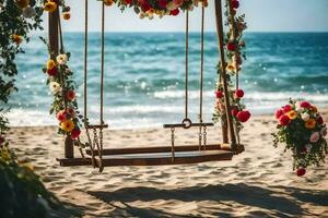 a swing on the beach with flowers and a flower arrangement. AI-Generated photo