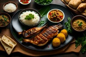 un plato de comida con arroz, vegetales y otro platos. generado por ai foto