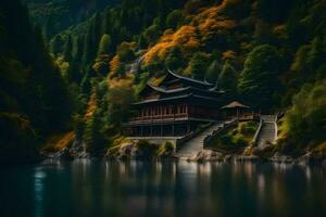 a chinese temple sits on the edge of a lake. AI-Generated photo