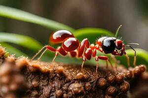 a red ant is standing on top of a piece of wood. AI-Generated photo