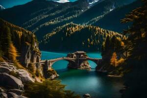 a bridge over a lake in the mountains. AI-Generated photo