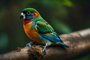 a colorful bird sits on a branch. AI-Generated photo