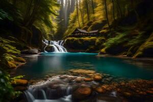 a waterfall in the woods with a cabin in the middle. AI-Generated photo