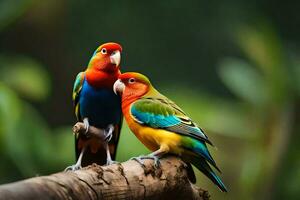 two colorful birds sitting on a branch. AI-Generated photo