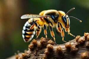 un abeja es sentado en un rama con marrón y negro lugares. generado por ai foto