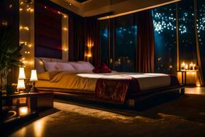 un dormitorio con un cama y velas iluminado arriba. generado por ai foto