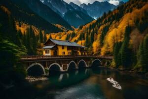 a yellow house sits on a bridge over a river. AI-Generated photo
