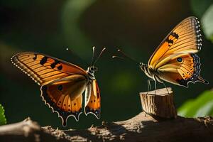 dos mariposas son sentado en un rama. generado por ai foto