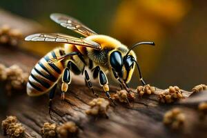 un abeja es sentado en un rama con polen. generado por ai foto