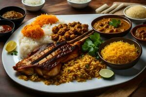 un plato de comida con arroz, carne y otro platos. generado por ai foto