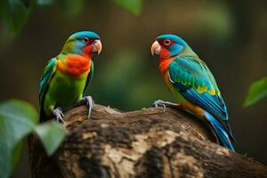 two colorful birds sitting on a branch. AI-Generated photo