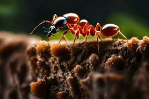 a red ant is standing on top of a log. AI-Generated photo