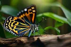 un mariposa es sentado en un rama en el bosque. generado por ai foto