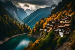 a small village sits on the edge of a mountain. AI-Generated photo