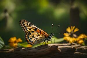 un mariposa es sentado en un Iniciar sesión en el Dom. generado por ai foto