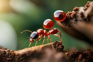 a red ant is standing on top of a log. AI-Generated photo