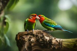 dos vistoso aves sentado en un rama. generado por ai foto